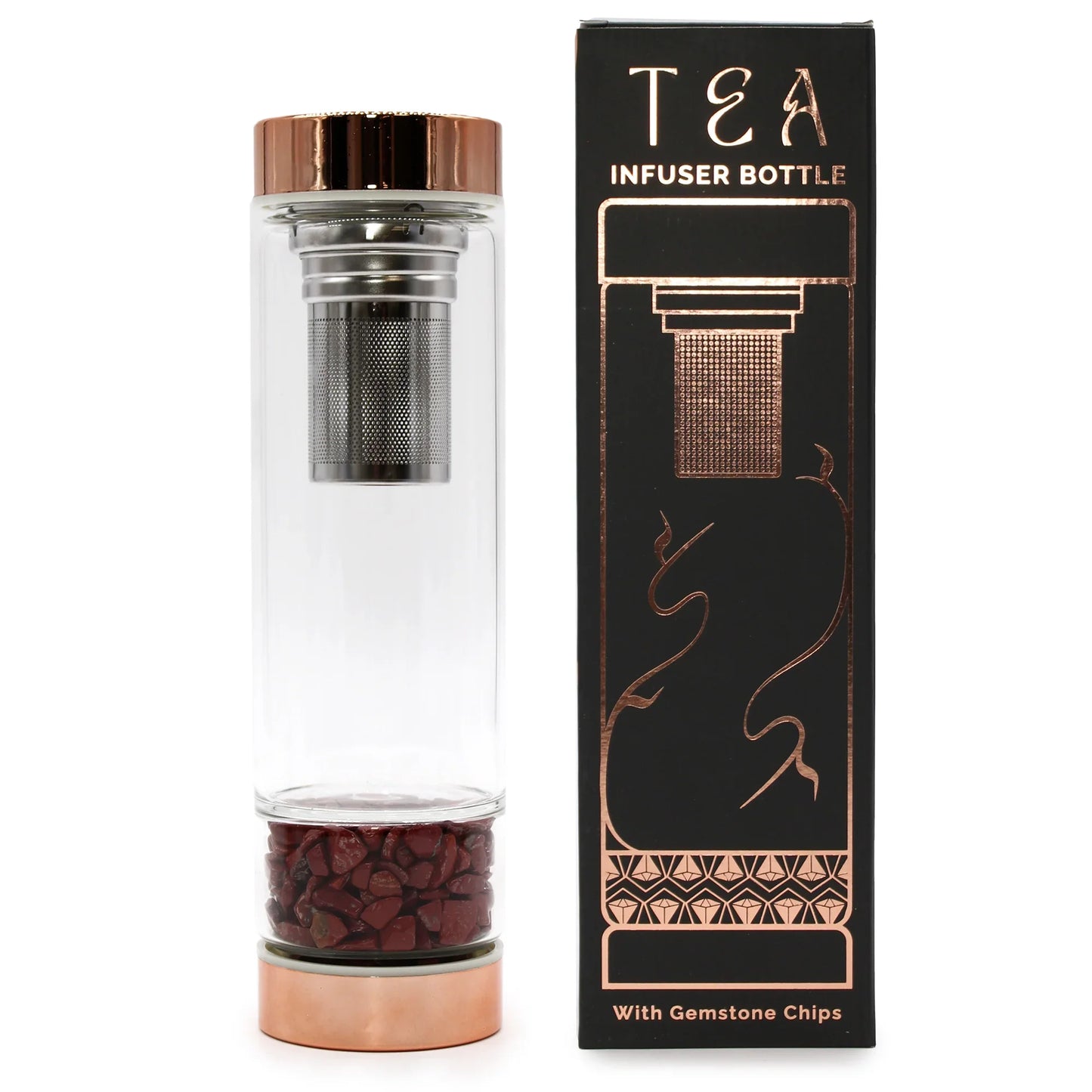 Botella de cristal para te - oro rosa - Jasper rojo - La Tienda del Té