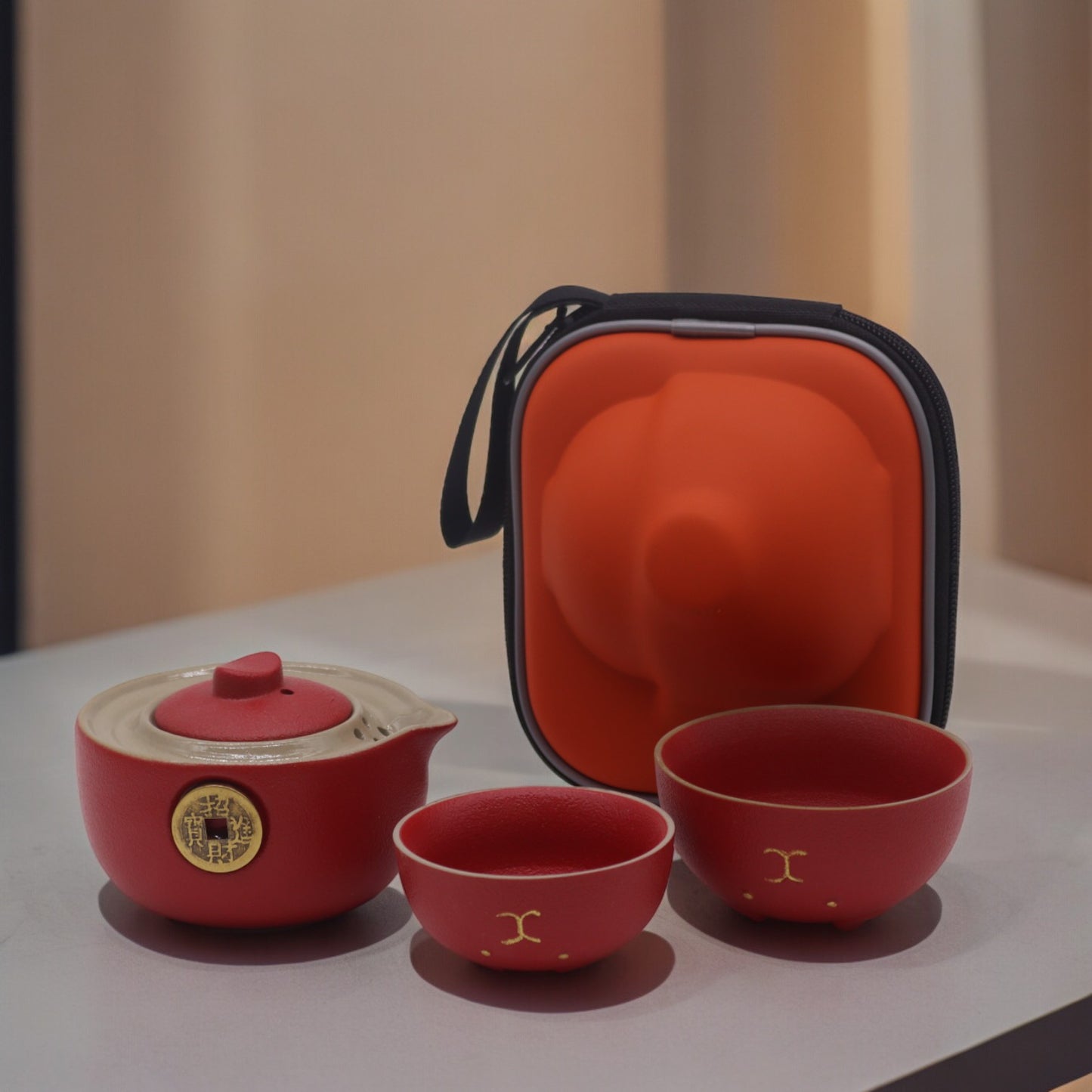 Set de tetera - Gato del Dinero - Dos tazas & Estuche de viaje