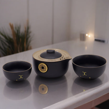 Set de tetera - Gato del Dinero - Dos tazas & Estuche de viaje